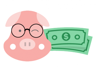 ilustração de porco rosa ao lado de ilustração de cédulas de dinheiro