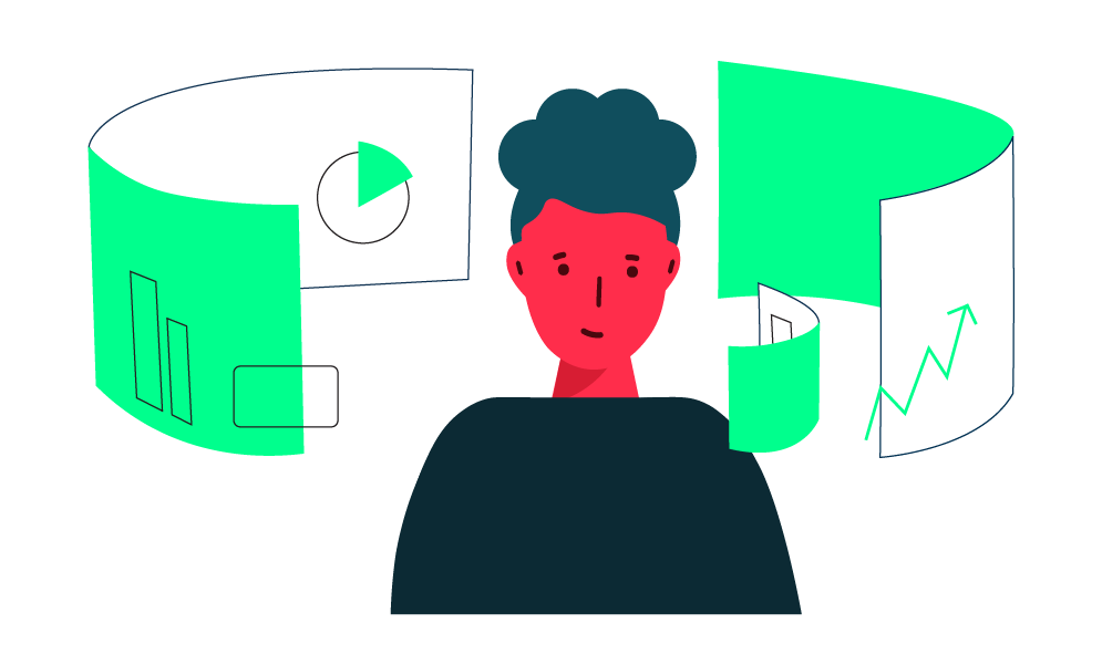 Ilustração de uma mulher cercada por três planilhas com gráficos de pizza e linha, como se girassem ao redor da cabeça da mulher