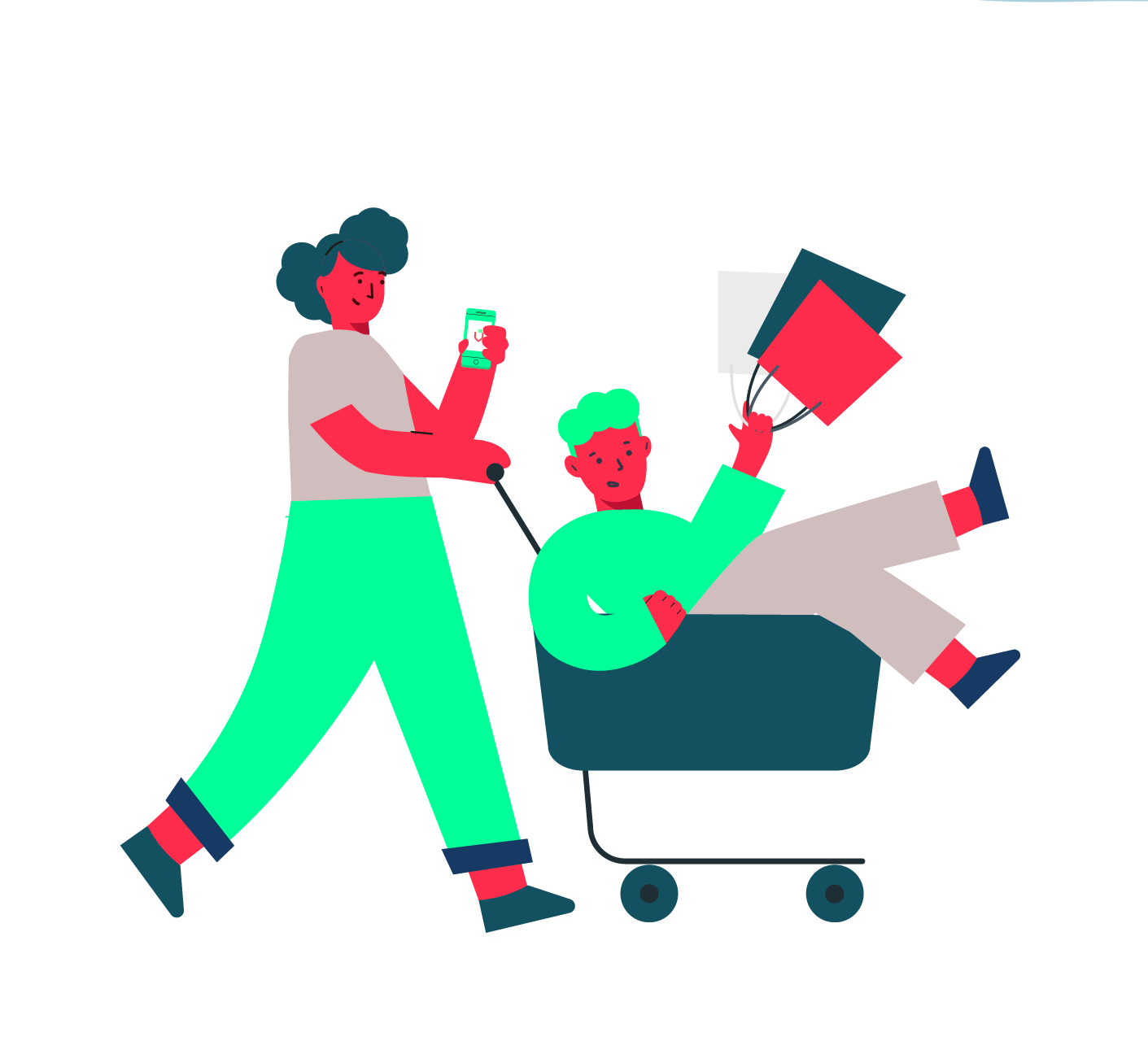 ilustração de mulher carregando homem no carrinho de compras