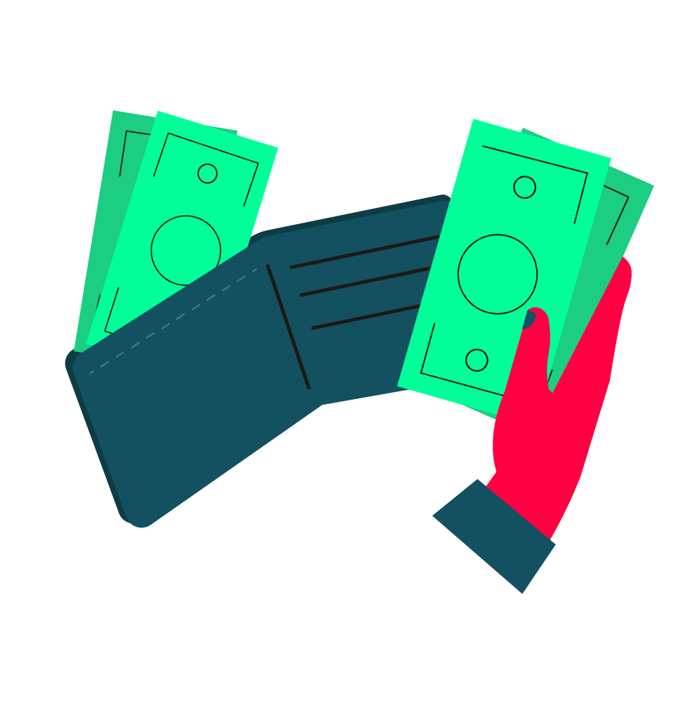 ilustração de mão com carteira e dinheiro