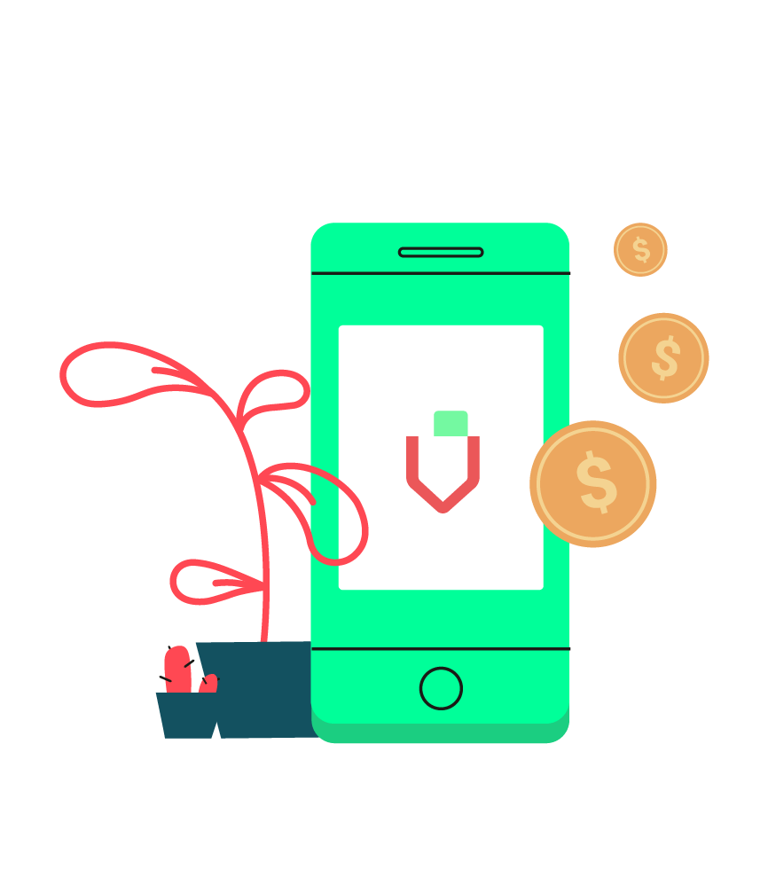 ilustração de celular com planta e moedas