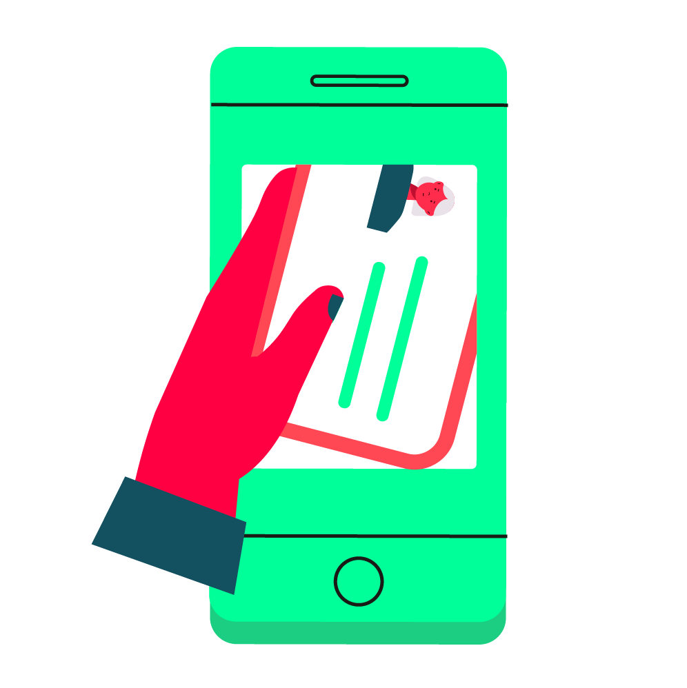 ilustração de mão colocando documentos de identificação dentro do celular