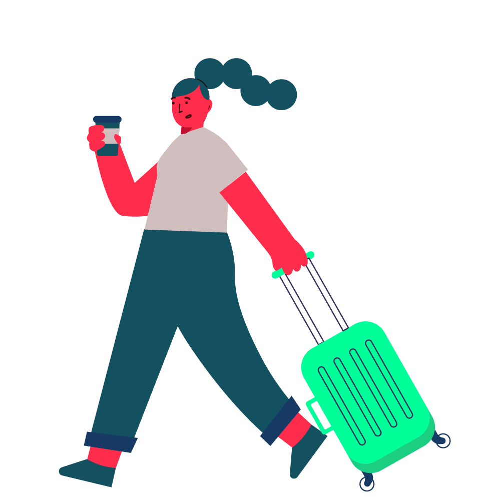 ilustração de mulher segurando mala e café