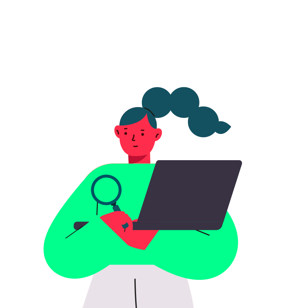 ilustração de mulher segurando lupa e computador