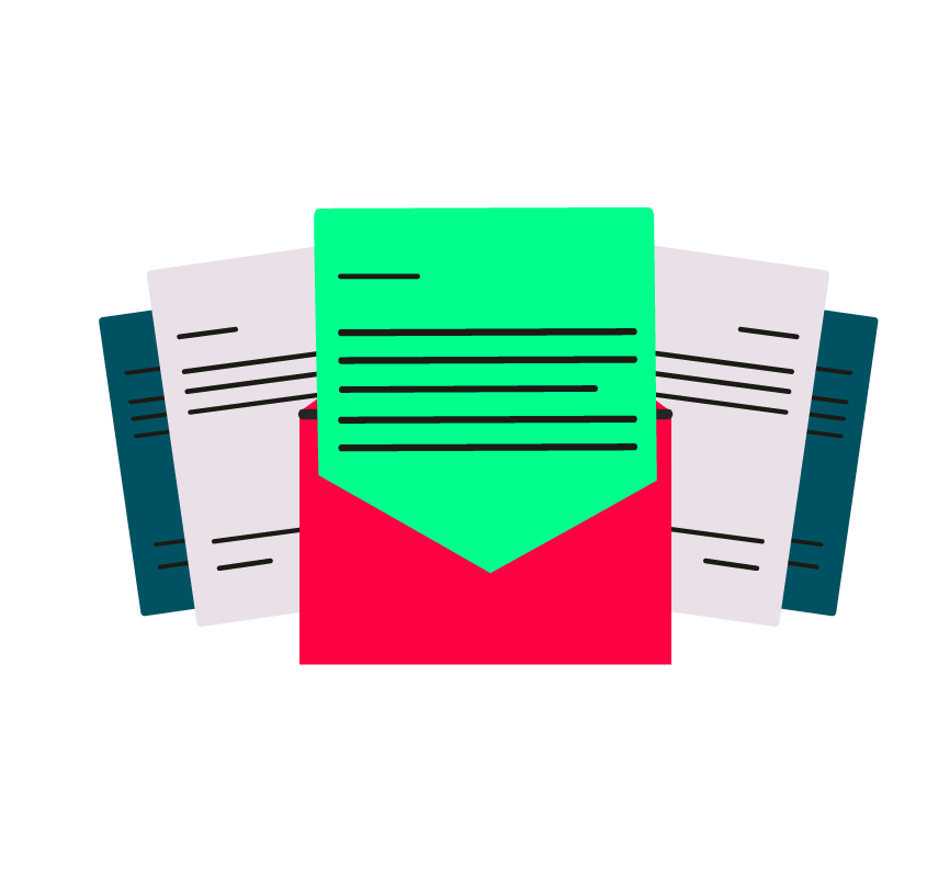 ilustração de envelope com documento e várias folhas