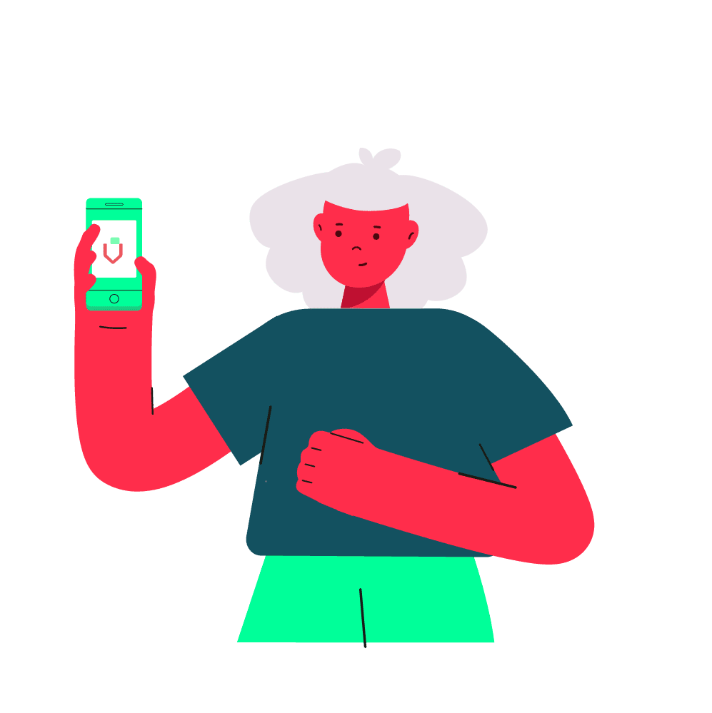 Ilustração de uma pessoa segurando um smartphone com o logomarca da Provu na tela