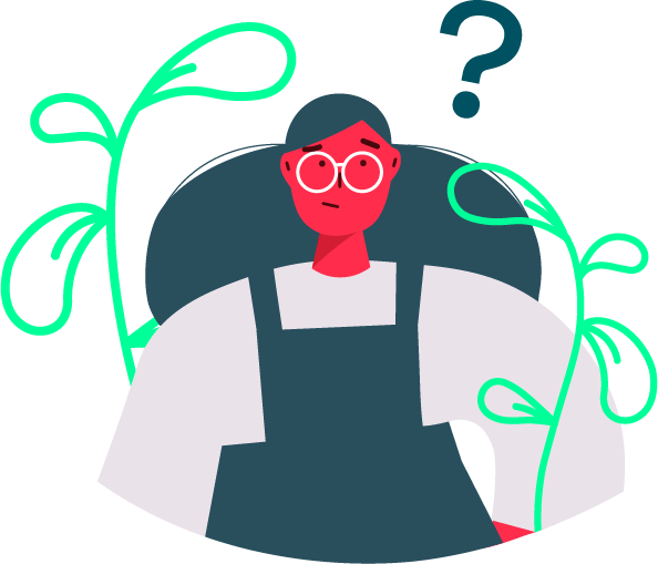 Ilustração de uma mulher pensativa, com um símbolo de interrogação na altura da cabeça e algumas plantas ao redor